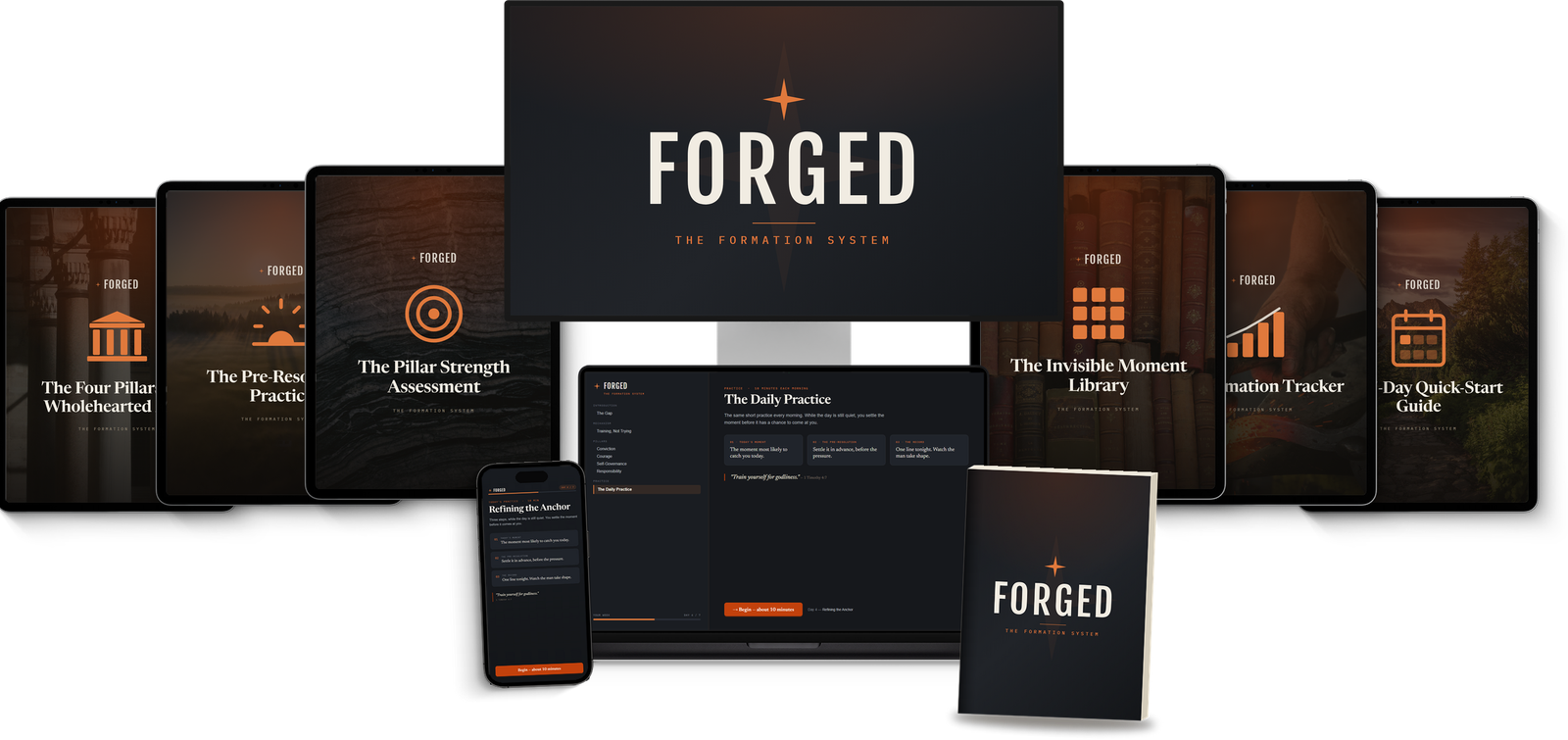 Forged across monitor, laptop, tablets, phone and book